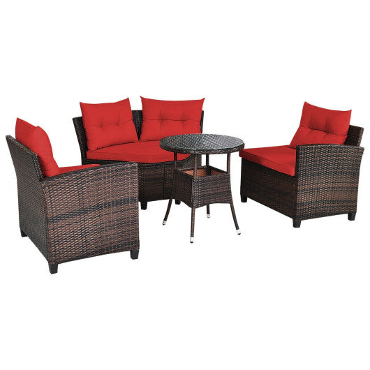 4 Pieces Outdoor Cushioned Rattan Furniture Set-Red