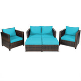 5 Pieces Patio Cushioned Rattan Furniture Set-Turquoise