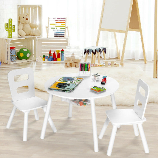 Wood Activity Kids Table and Chair Set with Center Mesh Storage for Snack Time and Homework-White