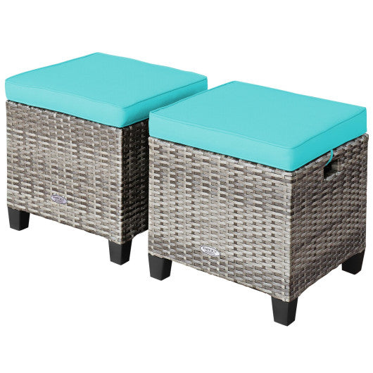 2PCS Patio Rattan Wicker Ottoman Seat with Removable Cushions-Turquoise