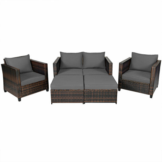 5 Pieces Patio Cushioned Rattan Furniture Set-Gray