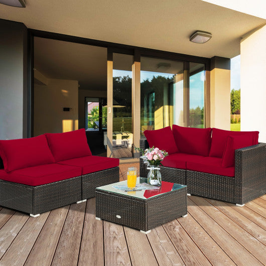 5 Pieces Cushioned Patio Rattan Furniture Set with Glass Table-Red