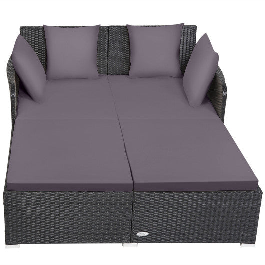 Spacious Outdoor Rattan Daybed with Upholstered Cushions and Pillows-Gray