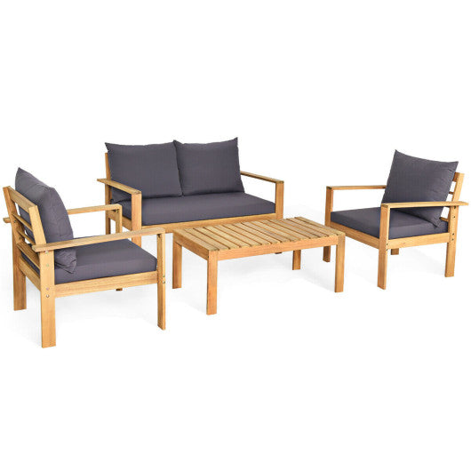 Outdoor 4 Pieces Acacia Wood Chat Set with Water Resistant Cushions-Gray