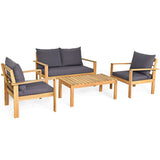 Outdoor 4 Pieces Acacia Wood Chat Set with Water Resistant Cushions-Gray