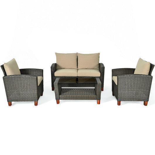 4 Pieces Patio Rattan Furniture Set with Cushions