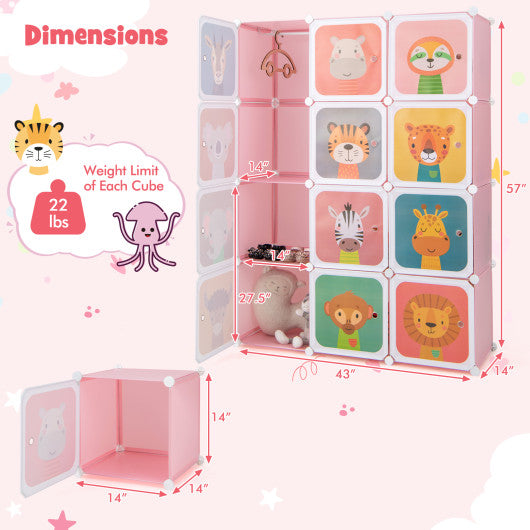 12 Cube Kids Wardrobe Closet with Hanging Section and Doors-Pink