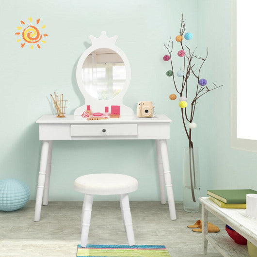 Kids Vanity Makeup Table & Chair Set Make Up Stool-White