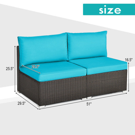 2 Pieces Patio Rattan Armless Sofa Set with 2 Cushions and 2 Pillows-Blue