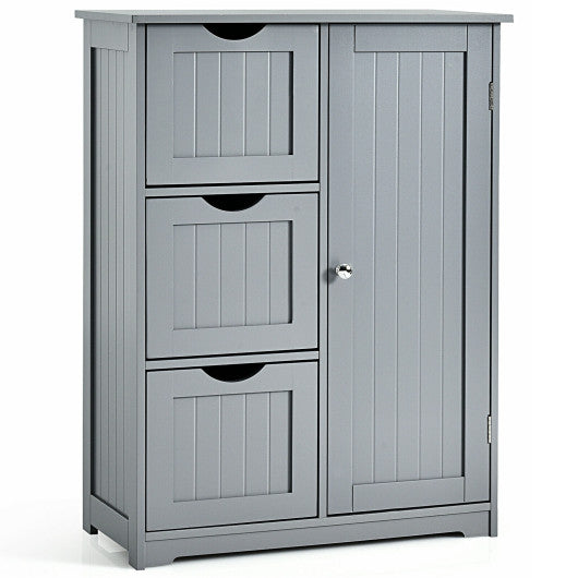 Bathroom Floor Cabinet Side Storage Cabinet with 3 Drawers and 1 Cupboard-Gray