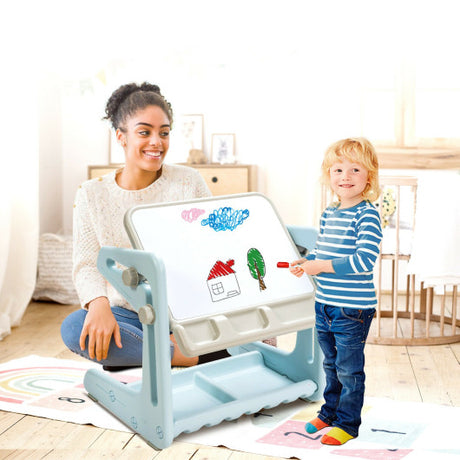 2 in 1 Kids Easel Table and Chair Set  with Adjustable Art Painting Board-Blue