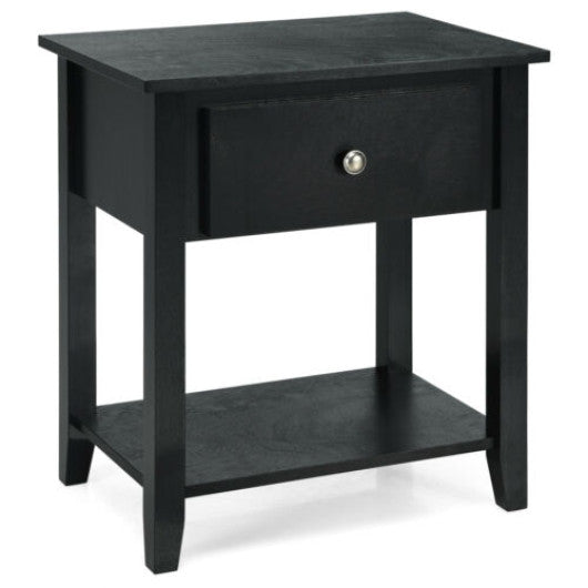Nightstand with Drawer and Storage Shelf for Bedroom Living Room-Black