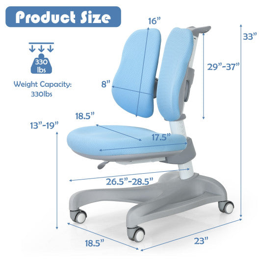Adjustable Height Student Chair with Sit-Brake Casters and Lumbar Support for Home and School-Blue