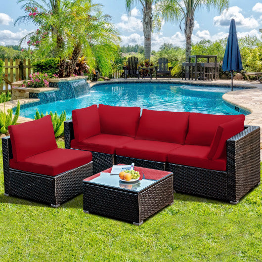 5 Pieces Cushioned Patio Rattan Furniture Set with Glass Table-Red