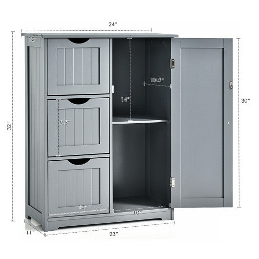 Bathroom Floor Cabinet Side Storage Cabinet with 3 Drawers and 1 Cupboard-Gray