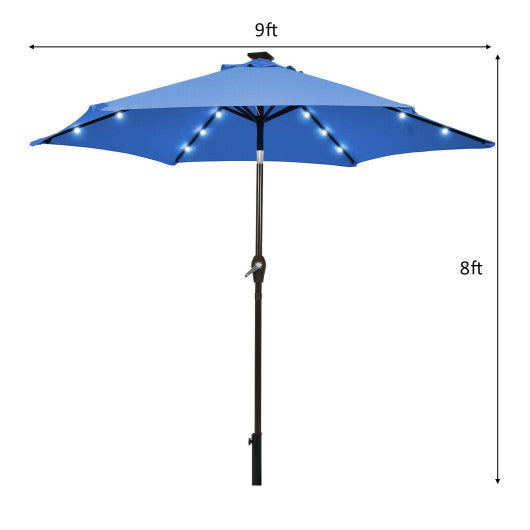 9 Feet Solar LED Lighted Patio Market Umbrella Tilt Adjustment Crank Lift-Blue