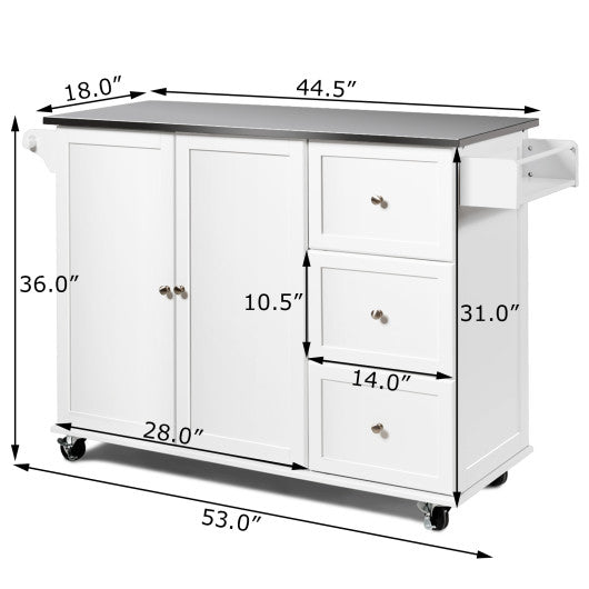 Kitchen Island 2-Door Storage Cabinet with Drawers and Stainless Steel Top-White