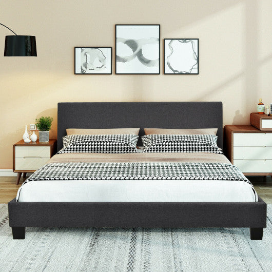 Queen Upholstered Platform Bed Frame with Linen Headboard Wood Slat-Gray