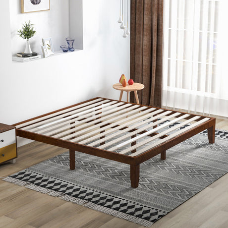 14 Inch King Size Rubber Wood Platform Bed Frame with Wood Slat Support-Walnut