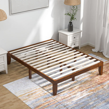14 Inch Queen Size Rubber Wood Platform Bed Frame with Wood Slat Support-Walnut