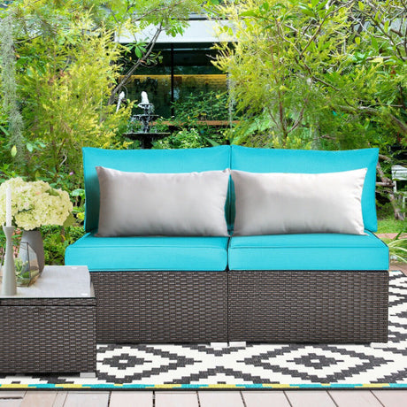 2 Pieces Patio Rattan Armless Sofa Set with 2 Cushions and 2 Pillows-Blue
