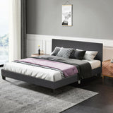 Queen Upholstered Platform Bed Frame with Linen Headboard Wood Slat-Gray