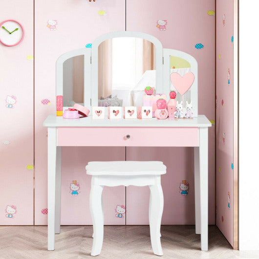 Kids Princess Make Up Dressing Table with Tri-folding Mirror and Chair-White