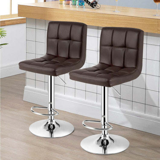 Set of 2 Square Swivel Adjustable PU Leather Bar Stools with Back and Footrest-Coffee