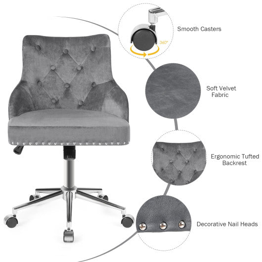 Tufted Upholstered Swivel Computer Desk Chair with Nailed Tri-Gray