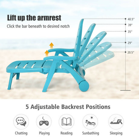 5 Position Adjustable Folding Lounger Chaise Chair on Wheels-Turquoise