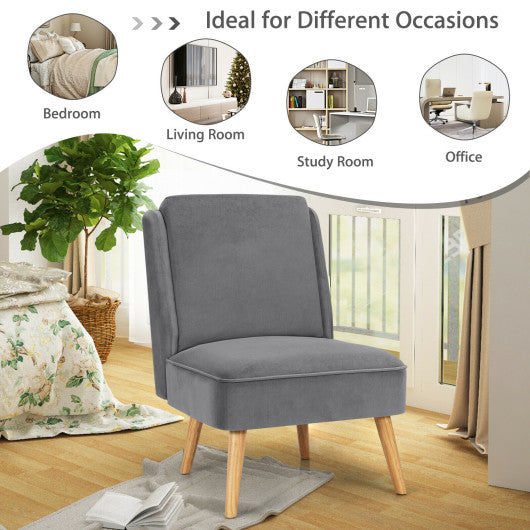 Velvet Accent Armless Side Chair with Rubber Wood Legs for Bedroom-Gray