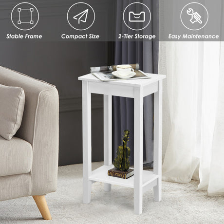 2-Tier Nightstand End Side Wooden Legs Table for Bedroom-White