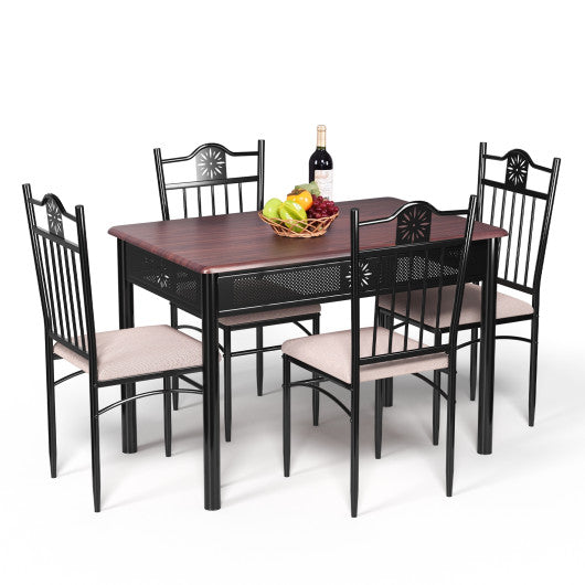 5 Pcs Dining Set Wood Metal Table and 4 Chairs with Cushions