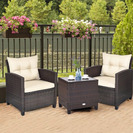 3 Pcs Patio Rattan Furniture Set Cushioned Conversation Set Coffee Table-Beige