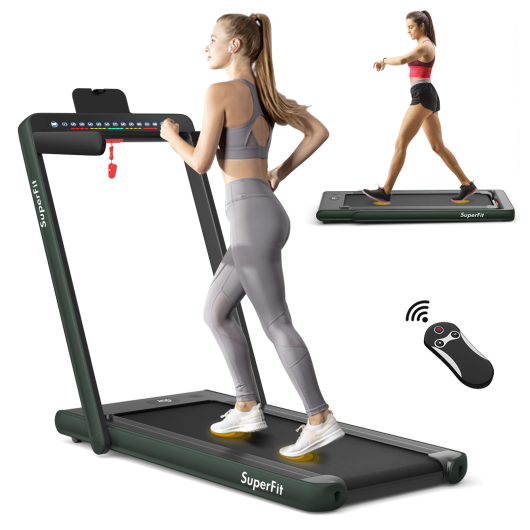 2-in-1 Electric Motorized Health and Fitness Folding Treadmill with Dual Display and Speaker-Green