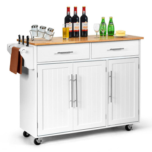 Kitchen Island Trolley Cart Wood Top Rolling Storage Cabinet-White