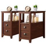 Set of 2 End Table Wooden with 2 Drawer & Shelf Bedside Table-Brown