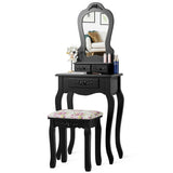 Makeup Dressing Table and Bench 3 Drawers and Cushioned Stool for Girls-Black