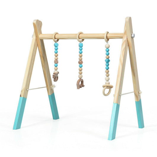 Portable 3 Wooden Newborn Baby Exercise Activity Gym Teething Toys Hanging Bar-Blue