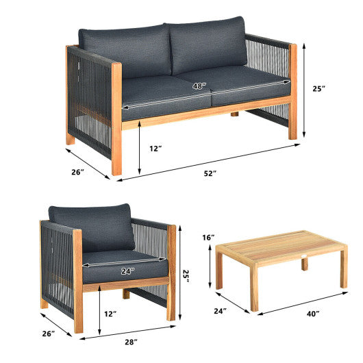 4 Pieces Acacia Wood Outdoor Patio Furniture Set with Cushions-Gray