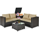 4 Pieces Outdoor Patio Rattan Furniture Set with Cushioned Loveseat and Storage Box-Brown