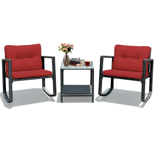 3 Pcs Wicker Rocking Bistro Set with Glass Coffee Table and Storage Shelf-Red