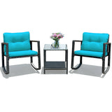 3 Pcs Wicker Rocking Bistro Set with Glass Coffee Table and Storage Shelf-Blue