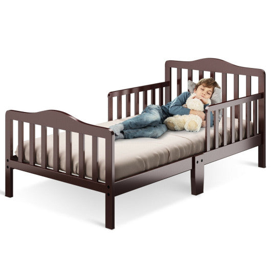 Classic Design Kids Wood Toddler Bed Frame with Two Side Safety Guardrails-Brown