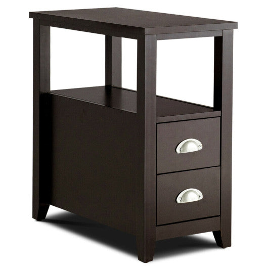 End Table Wooden with 2 Drawers and Shelf Bedside Table-Dark Brown