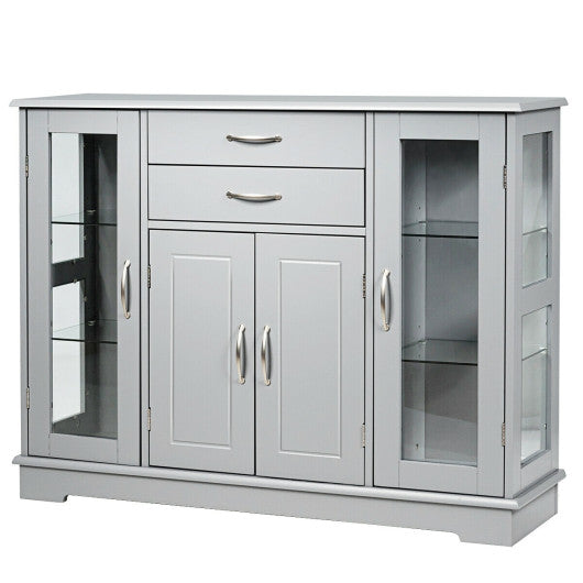 Sideboard Buffet Server Storage Cabinet with 2 Drawers and Glass Doors-Gray