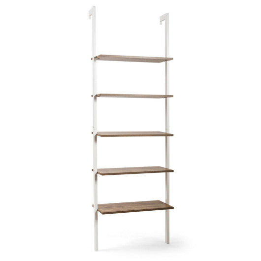 5-Tier Wood Look Ladder Shelf with Metal Frame for Home-White