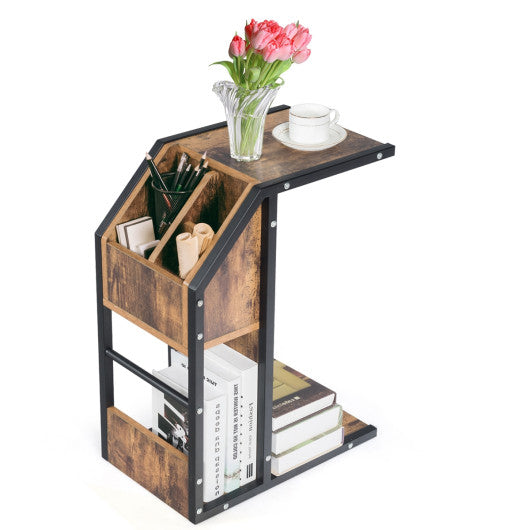 Industrial C-Shape Snack End Table with Storage Space