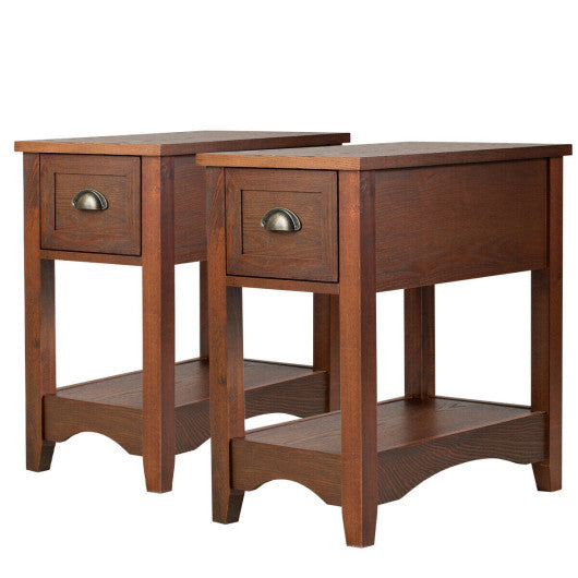 Set of 2 Contemporary Side End Table with Drawer-Walnut