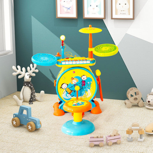 2-in-1 Kids Electronic Drum and Keyboard Set with Stool-Blue